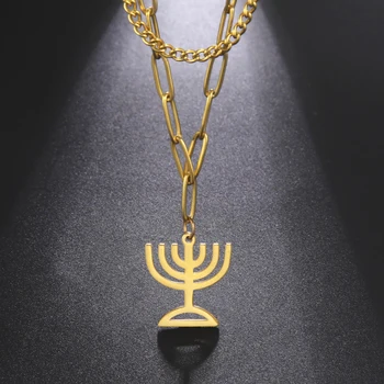 LIKGREAT Hanukkah Menorah Žvakės Žydų Papuošalų Religinių Dvigubo Sluoksnio Karoliai Izraelio Tikėjimo Lempos Pakabukas hebrajų Amuletas Dovana